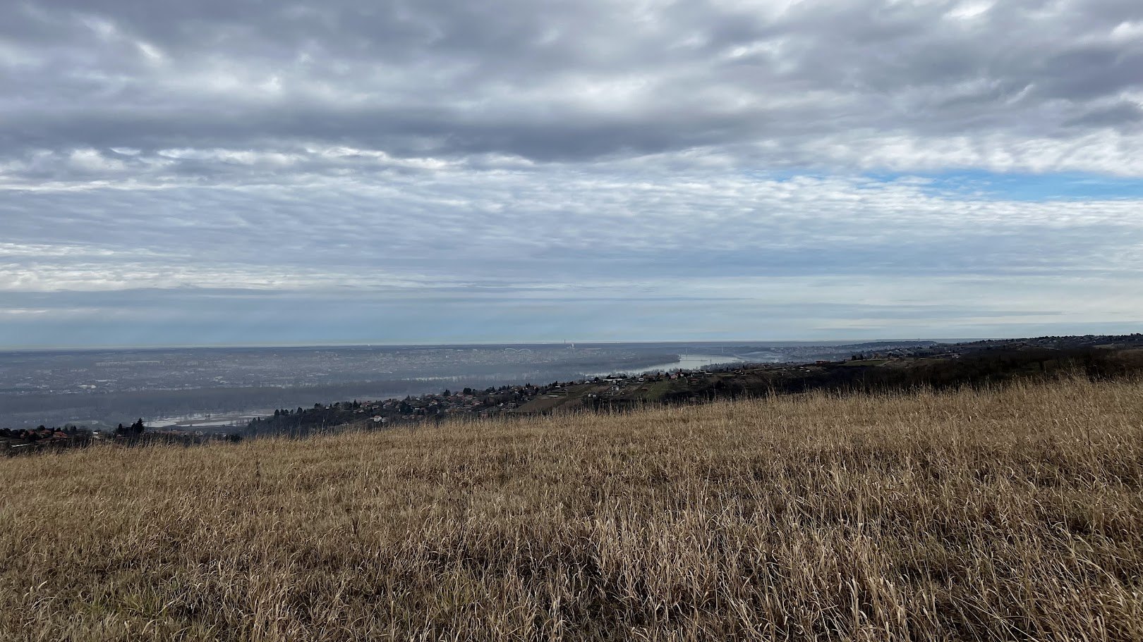 Blick von der Wiese im Spätherbst: die Donauschleife und Novi Sad