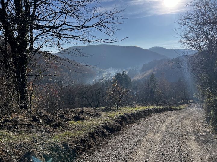 Ein Schotterweg über Stari Rakovac in der Wintersonne, unten im dunstigen Tal das Kloster