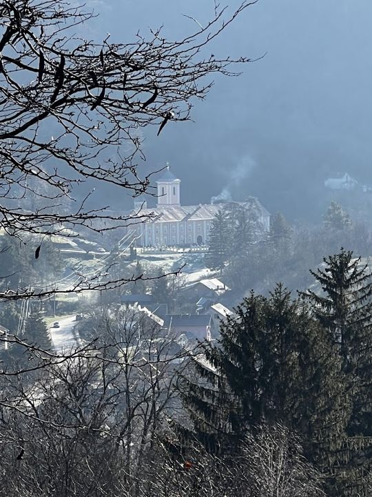 Kloster Rakovac über den Dächern von Stari Rakovac im Winterlicht